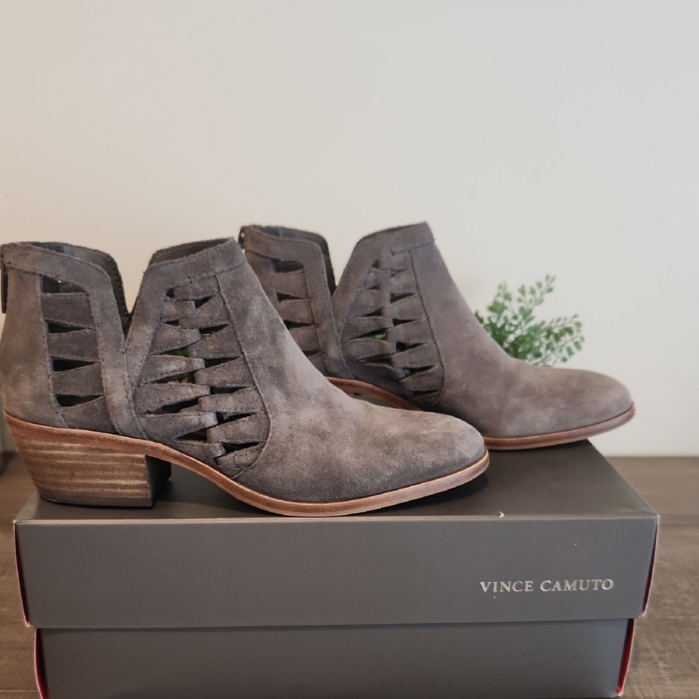Vince Camuto Gray Suede Ankle Boots with Ladder Cut-Outs